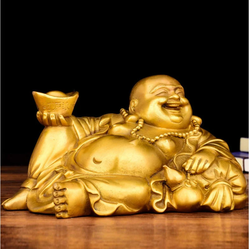 Maitreya Reclining Ornament, Brass Ingot Laughing Buddha Statue for Office, Home, and Car Decoration