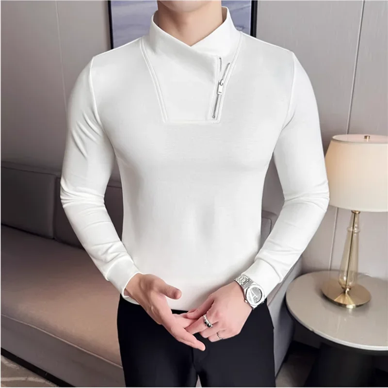 2025 Fashion Zipper Design Half High Collar T Shirts High Quality Men's Long Sleeve Slim Fit Elastic Cotton Casual Tees 4XL-M