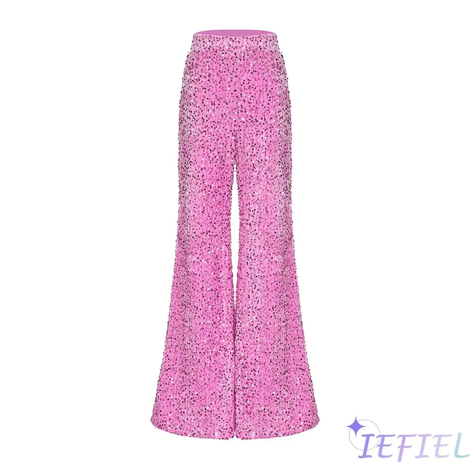 Sparkling Sequined Velvet Wide Leg Pants for Women High Waist Flared Trousers Shiny Stage Dance Club Party Pants Casual Trousers