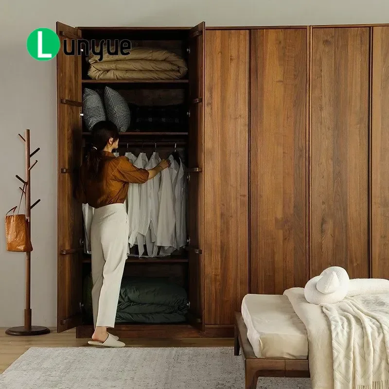 Nordic Japanese Solid Wood Wardrobe Black Walnut Oak Cherry Swing Door Bedroom Cabinet Simple Natural Grain Storage Furniture