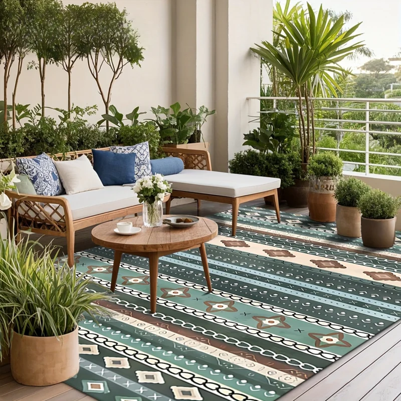 VIKAMA Geometric Lines Outdoor Carpet Anti-slip and Easy-to-Clean Terrace Floor Mat Camping Caravan Carpet Home Decoration