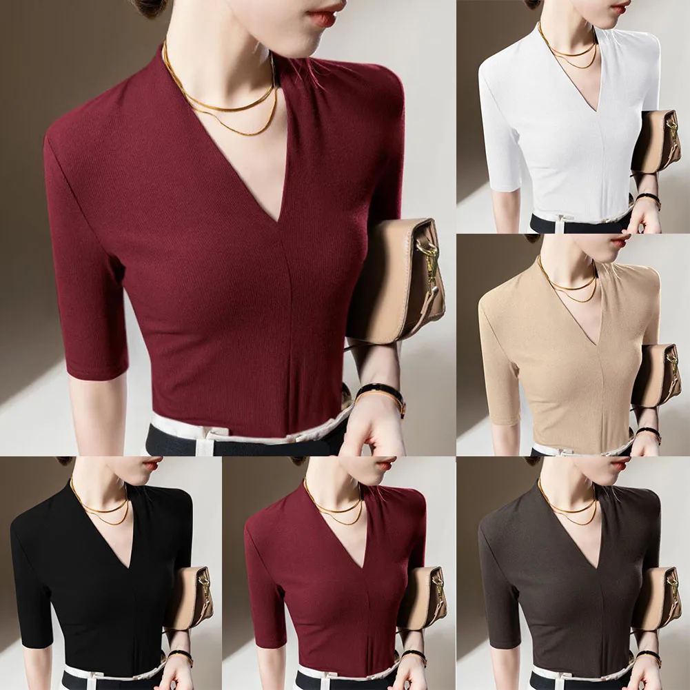 Camiseta feminina casual com decote em v 95 poliéster 5 elastano manga média cor sólida cabida silhueta confortável pulôver feminino topo
