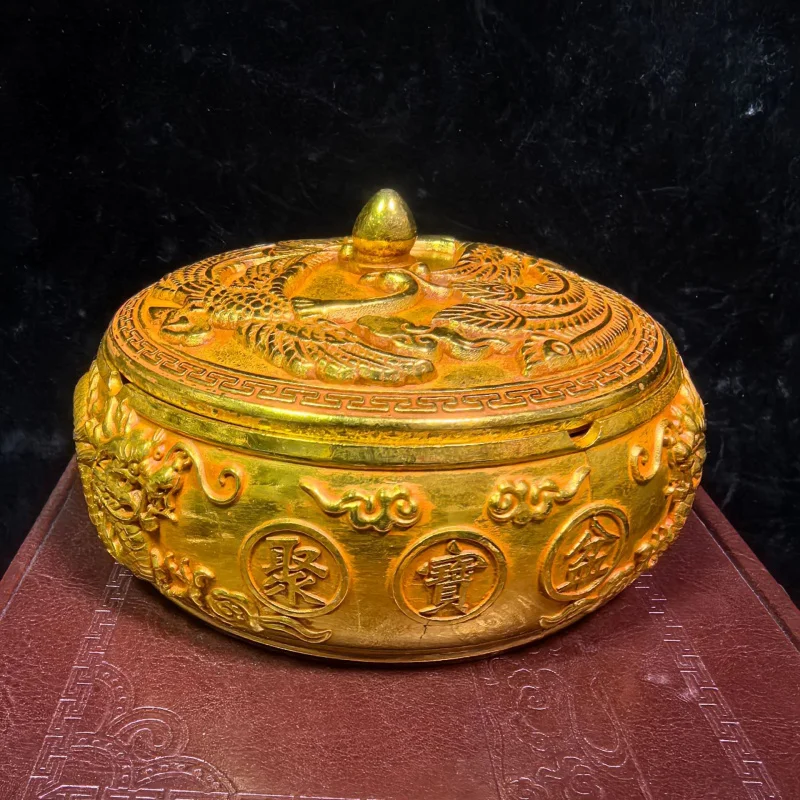 

Antique Style Ashtray with Dragon and Phoenix Design, Pure Copper Gilded, Chinese Style Office and Home Decoration