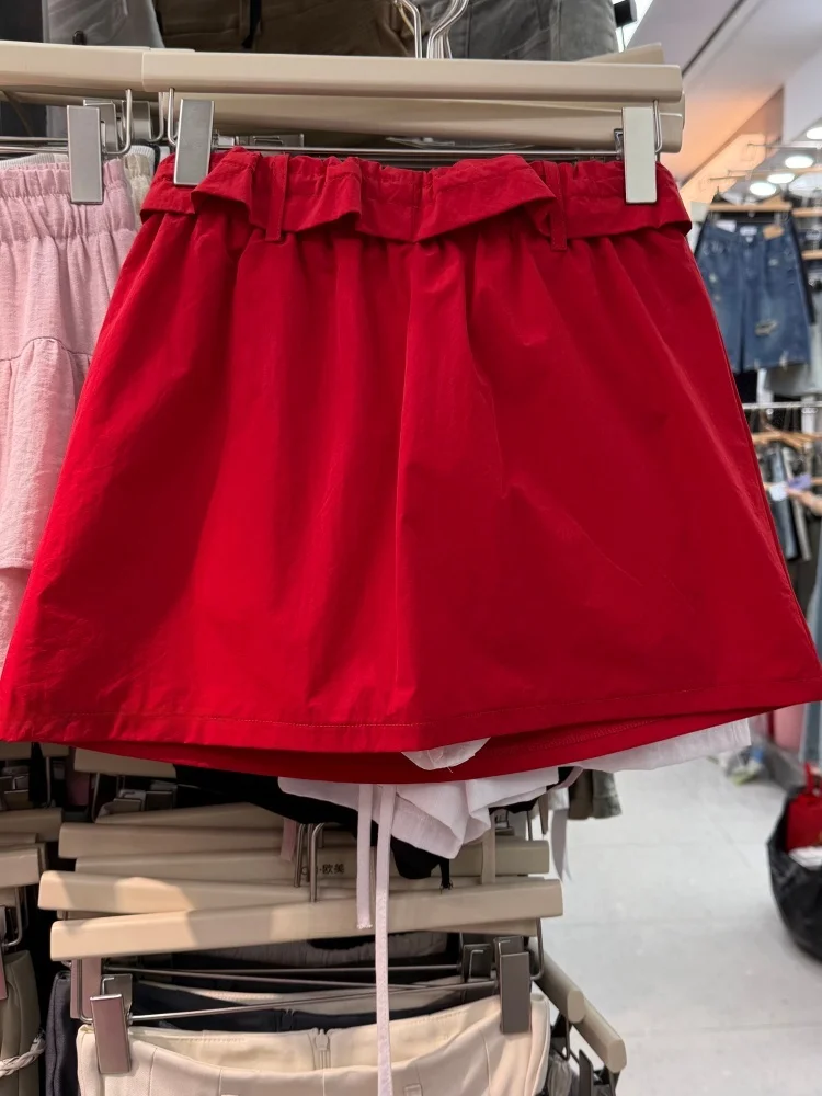 Red Workwear Style Half Skirt Women's Casual A-Line  Skirt with Big Pockets Elastic Waist Slimming Summer New Arrival