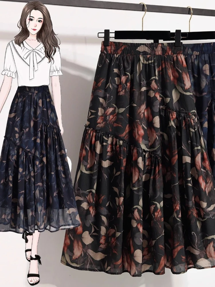 

Юбка-полусолнце с высокой талией, А-силуэта, из шифона с цветочным принтом, женская, летняя, новая, с контрастными цветами, элегантная, полуюбка.