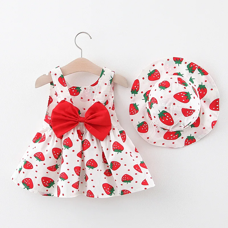 New Summer Dress for Girls Baby Printed Strawberry Bow Skirt Hat Included