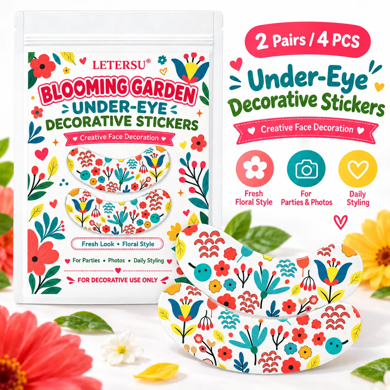 4PCS Floral Print Under Eye Stickers, Cute Flower Eye Patches, Colorful Face Makeup Decorations for Women, Party Festival Photos