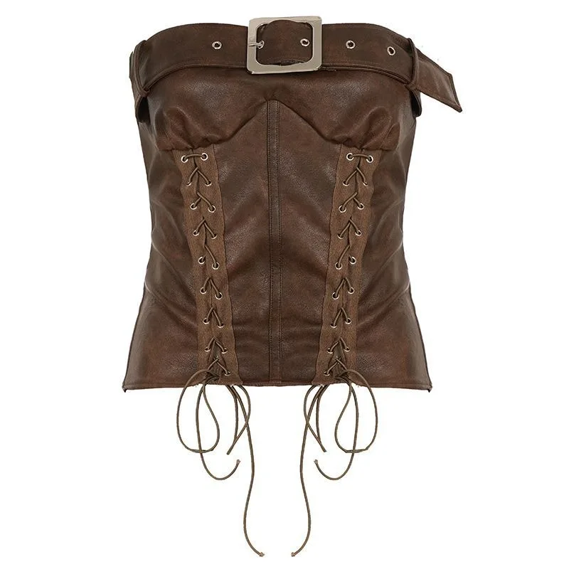 YYAHAHAS Post-Apocalyptic Style Metal Buckle Belted PU Leather Off-the-Shoulder Bodycon Slimming Bustier for Women
