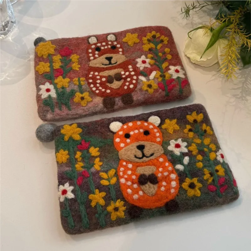 

Handmade Tie dye Nepalese Wool Felt Coin Purse Embroidered Cute Cartoon Sheep Mobile Phone Card Wallet Storage Bag Clutch Bag