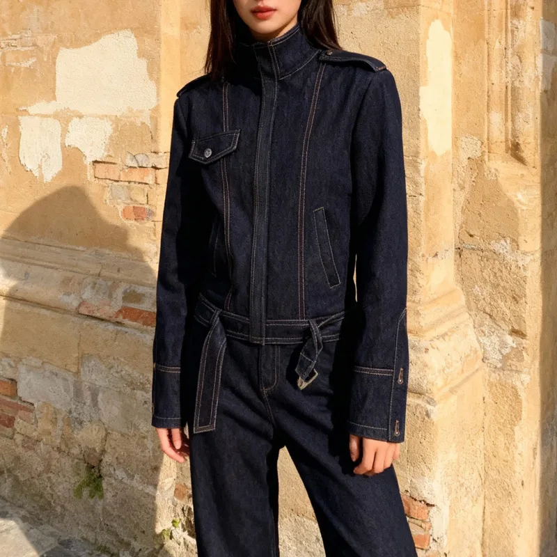 KWTX Damen-Motorradjacke aus marineblauem Denim, Stehkragen, abgeschnitten, tailliert, Vintage, elegant, lässig, Premium 2025, Herbstneu