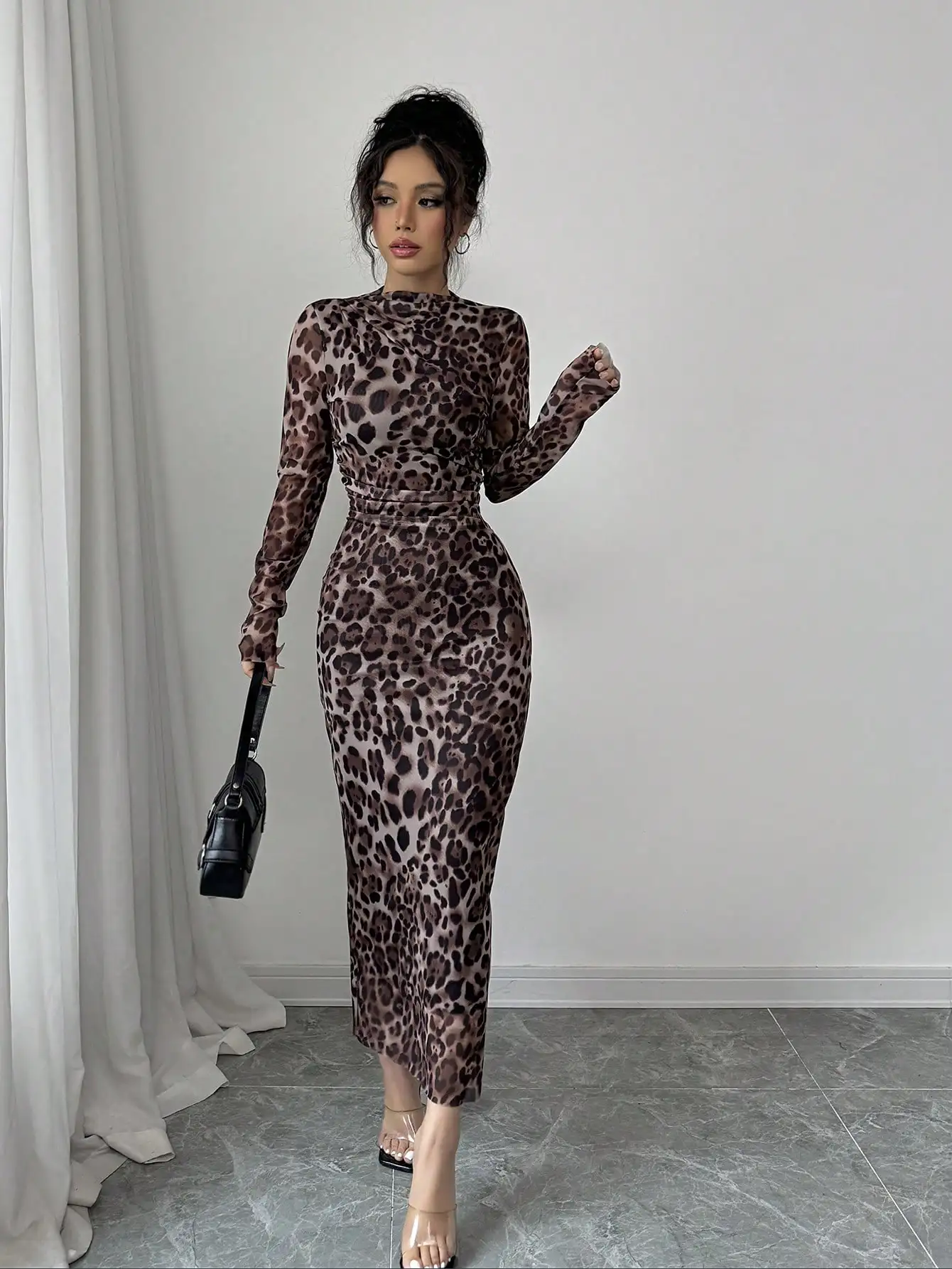 Elegancka sukienka damska Elenzga z siateczki w panterkę, marszczona, dopasowana, jesienna odzież dla kobiet.