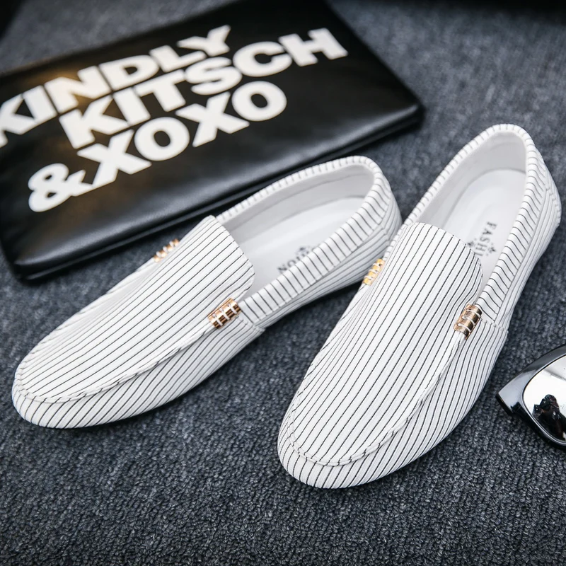 Men\'s Leather Shoes White Flat Stripe Male Casual Shoe 2025 Trend Common Retro Classic Original Summer Sale Low Price New in On