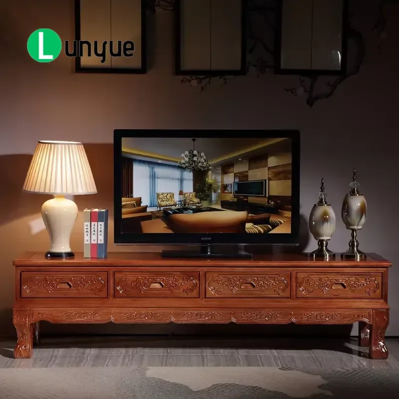 European Classic Long TV Cabinet Solid Wood Structure Marble Top Living Room Furniture with Storage Function