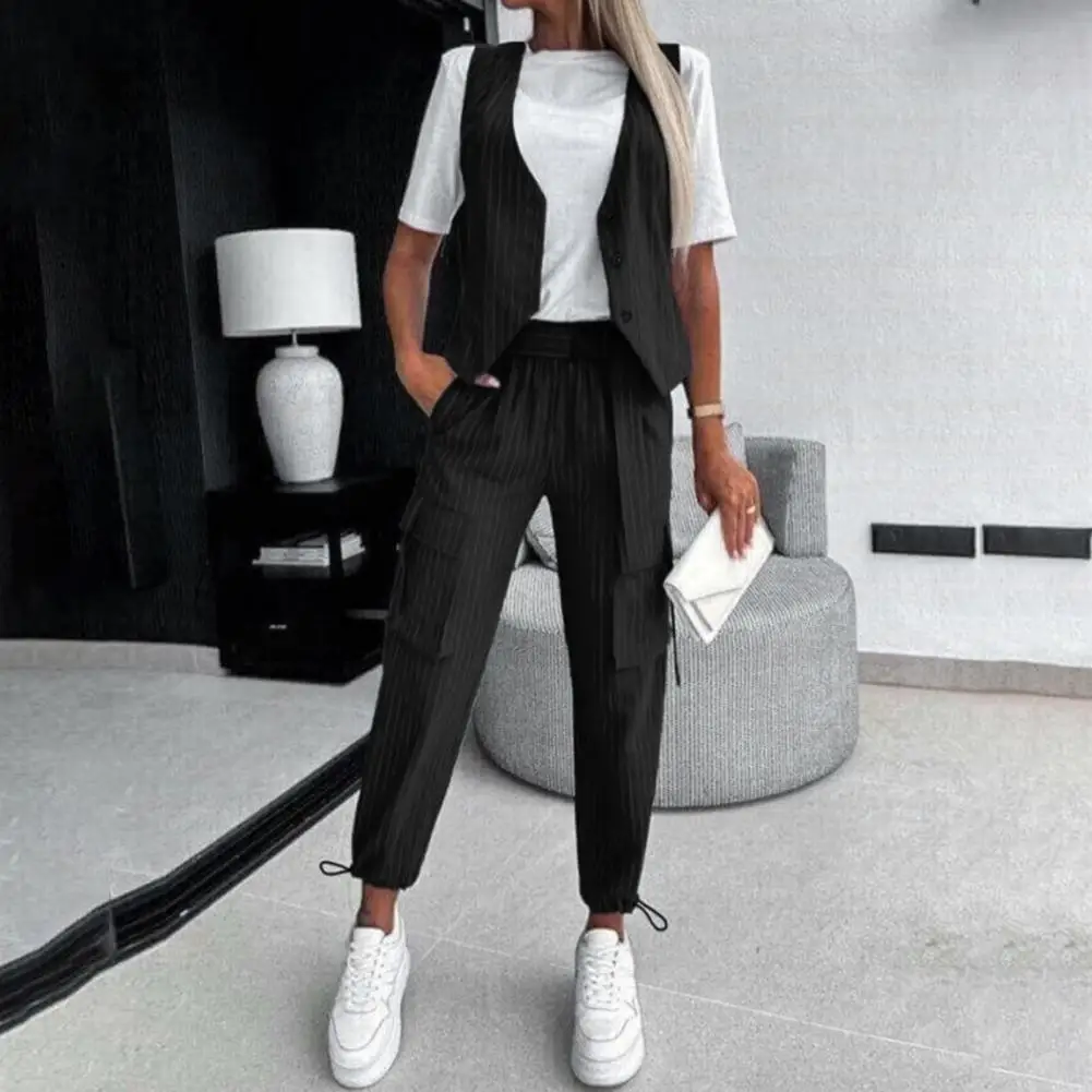 

Two Piece Set Women Outfit 2023 Summer Fashion Striped V-Neck Sleeveless Asymmetrical Vest Top & Ccasual Daily Cuffed Pants Set