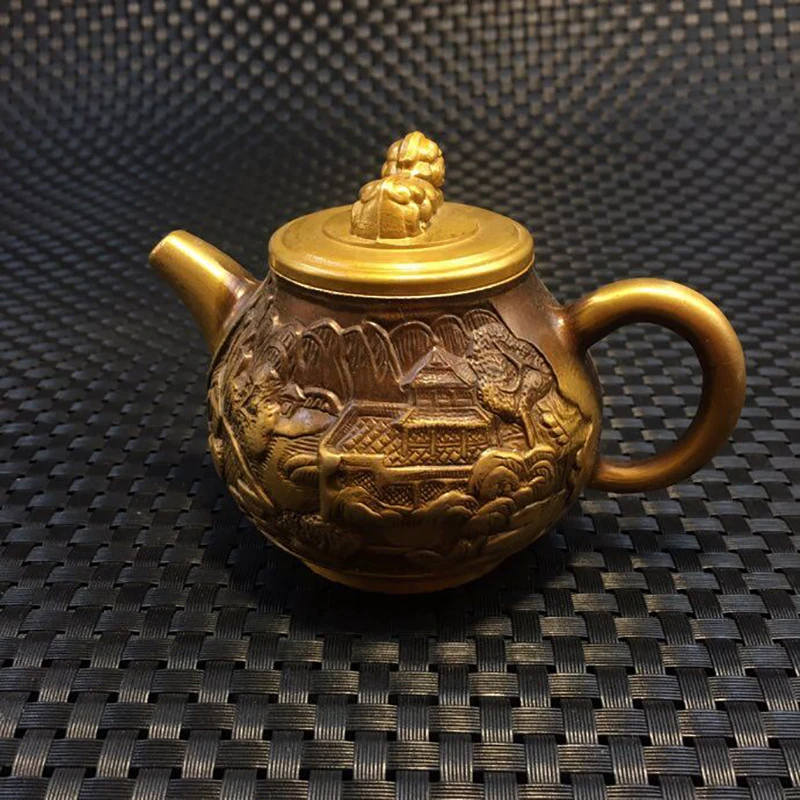Antique collectible wine flask, "Great Rivers and Mountains" , home living room decoration, brass teapot ornament, g