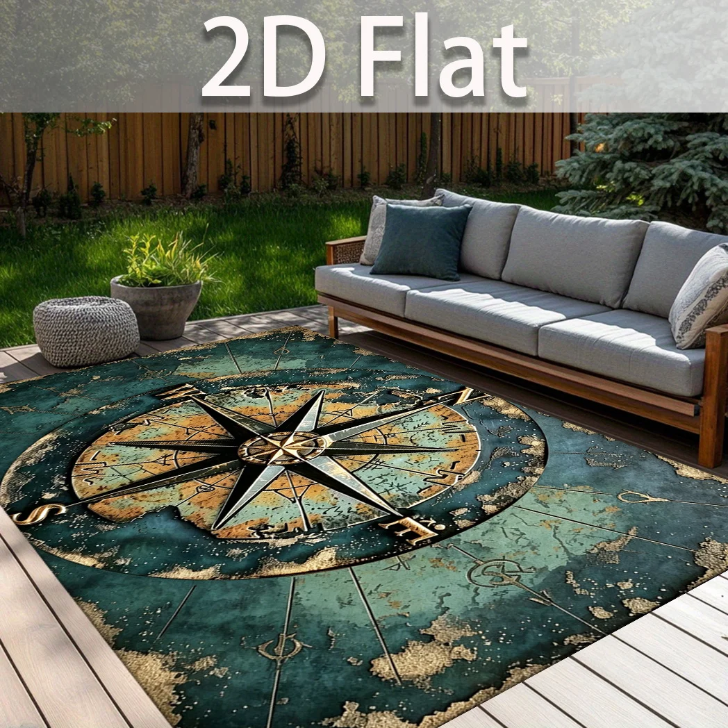 1pc 2D Flat Vintage Nautical Compass Pattern Rectangular Non‑Slip Area Rug, Indoor Home Rug for Living Room, Bedroom, Bedside