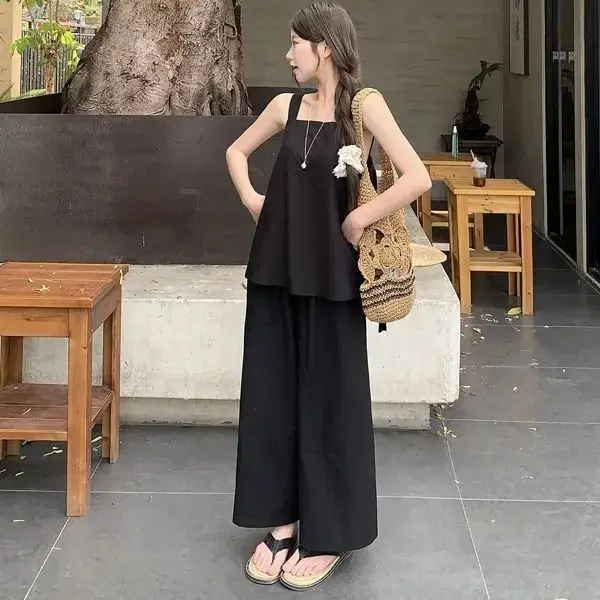 

Korea Two-Piece Solid Color Suspender Top High Waist Slimming Straight Wide-Leg Pants Women Summer New Design Style Suit
