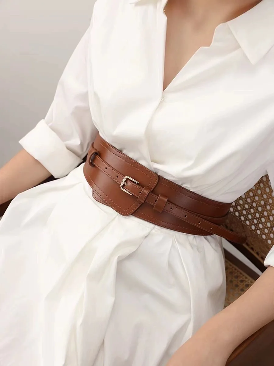 

New Dual-use Leather Detachable Belt Stylish Gold Buckle Wide Waistband Vintage Coat Dress Belts For Women Fashion Wide Girdle