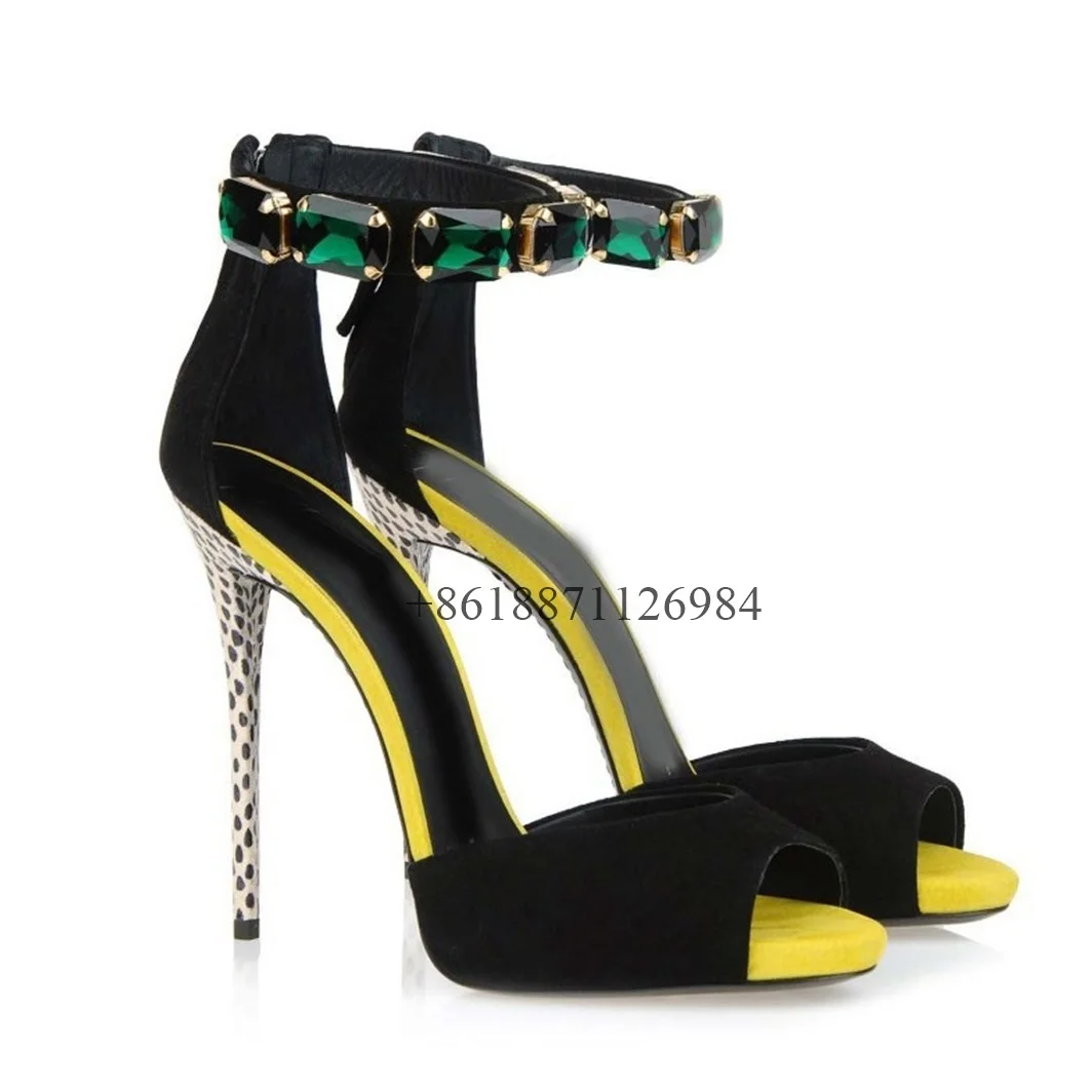 Mixed Color Ankle-Wrap Peep Toe Summer Women Sandals With Rhinestone Stiletto High Heels Back Zipper Design Large Size Shoes