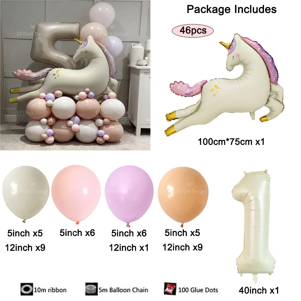 46pcs 3D Matte Retro Unicorn Birthday Party Decoration Aluminum Film Balloons Cream Numbers Set Baby Shower Supplies Gifts
