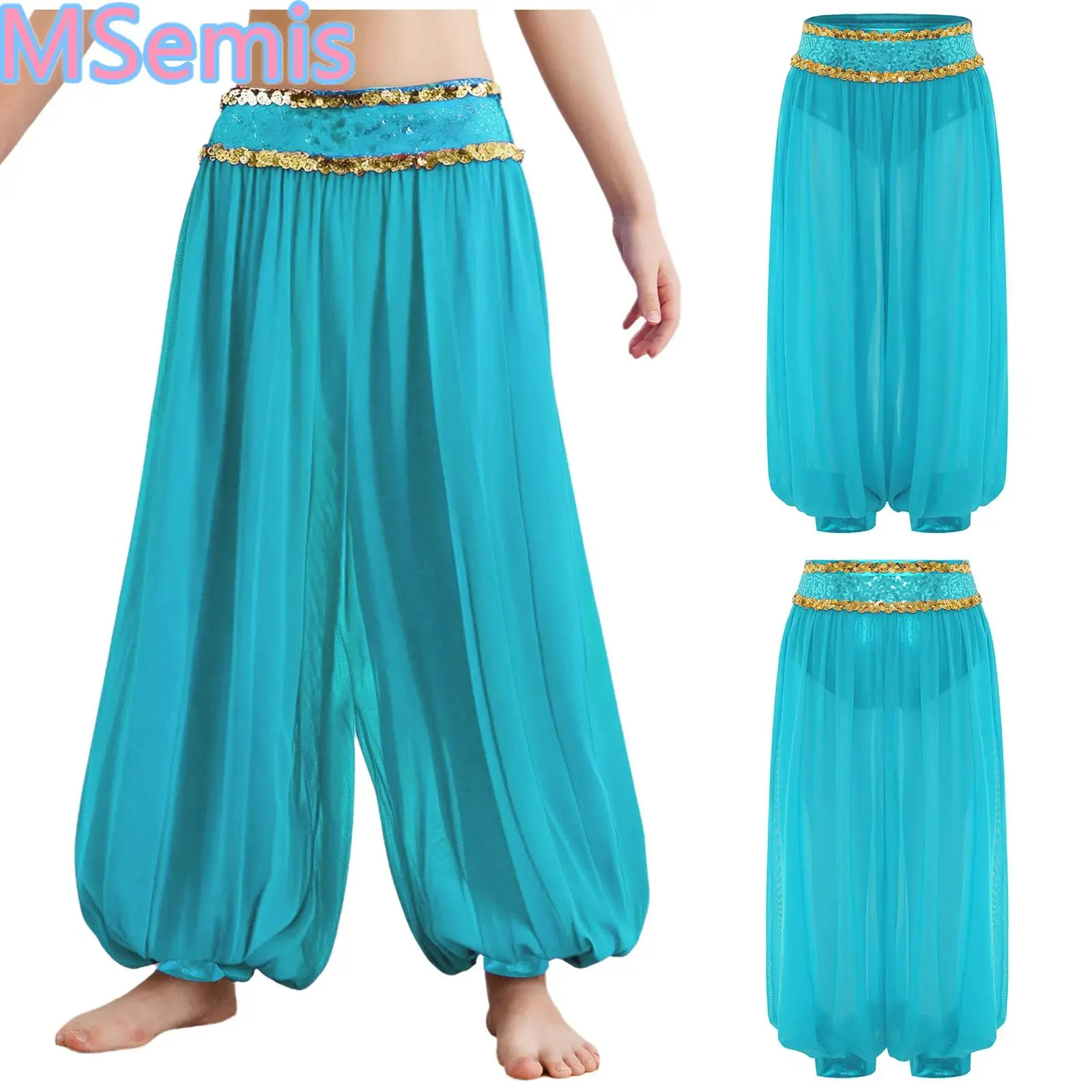

Kids Girls Halloween Theme Pants Belly Dance Trousers Shiny Sequins Waistband Pants Side Invisible Zipper Sheer Mesh Bloomers