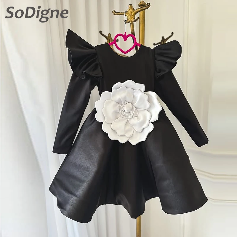 

SoDigne Flower A-line Satin Flower Girl Dress Full Sleeves O-neck Short 2026 Girls Skirt Party Dresses Kid Gown Customized