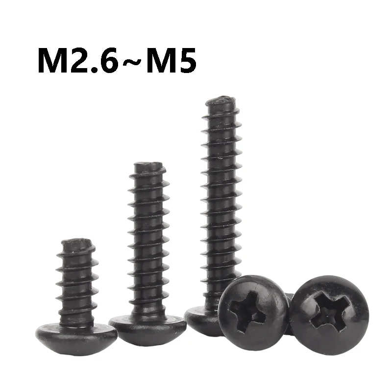 20~200Pcs 304 Stainless Steel M2.6 M3 M3.5 M4 M5 Black Round Head Self Tapping Flat Tail Screws Phillips Self-tapping Screws