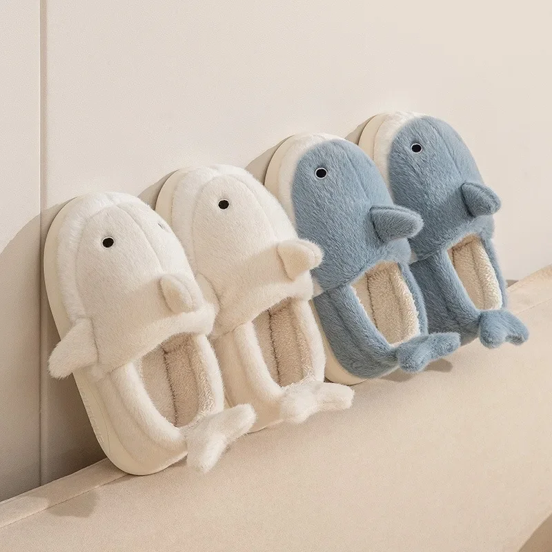 Cute Little Shark Cotton Slippers Women\'s Autumn and Winter Cotton Slippers Men Home Thick-Soled Couple Indoor