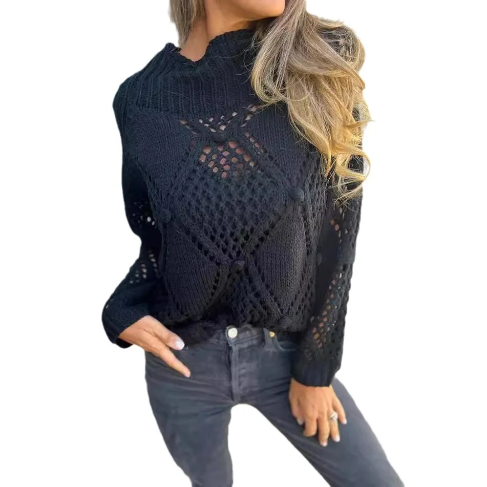 White Standing Neck Hollow Out Knitted Sweater Women 2024 New Fashion Hot Selling Long Sleeve Round Neck Pullover Autumn Winter