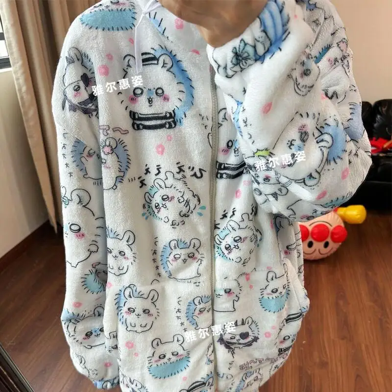 2Pcs Anime Chiikawa Pajamas Girls Winter Pajamas Set Momonga Velvet Thickened Home Clothes Warm Women's Pajamas Flannel Homewear