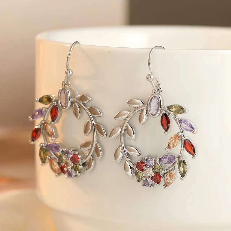 Luxury Sparkling Colored Synthetic Zirconia Wreath Hook Earrings for Women Elegant Fashion Banquet Anniversary Fine Jewelry Gift