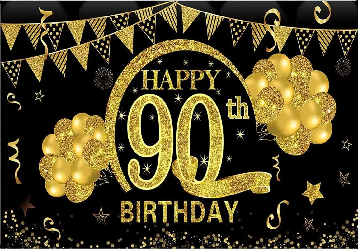 Décorations de toile de fond de bannière de joyeux 90e anniversaire pour hommes et femmes, noir, or, fournitures de fête, décor de photomaton, fond de photographie