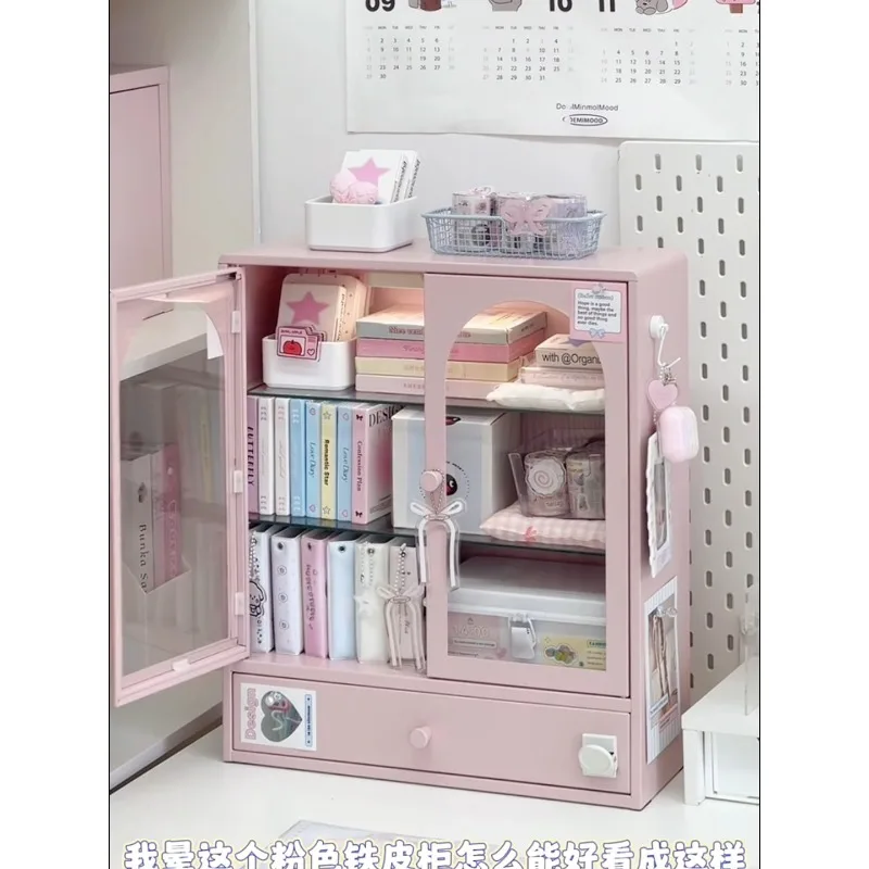 Desk Small Storage Cabinet Desktop Iron Sheet with Door Stationery Cosmetics Hand Account Dormitory Student Shelf Storage Box