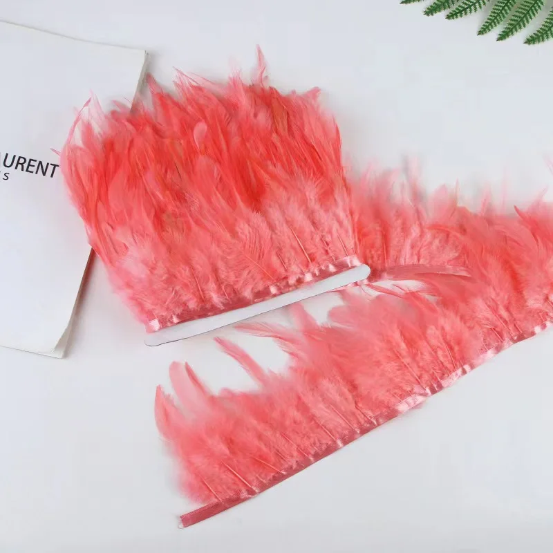 Rooster Chicken Feather Trims Fringes 10 Yards Water Melon / Coral Dyed Natural Real Feathers Lace Strips DIY Clothes Sewing Boa