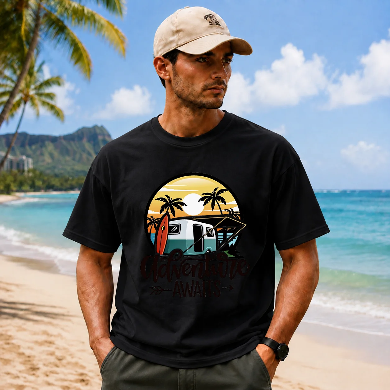 Retro-style camper van graphic T-shirt; casual, stylish, and suitable for both men and women