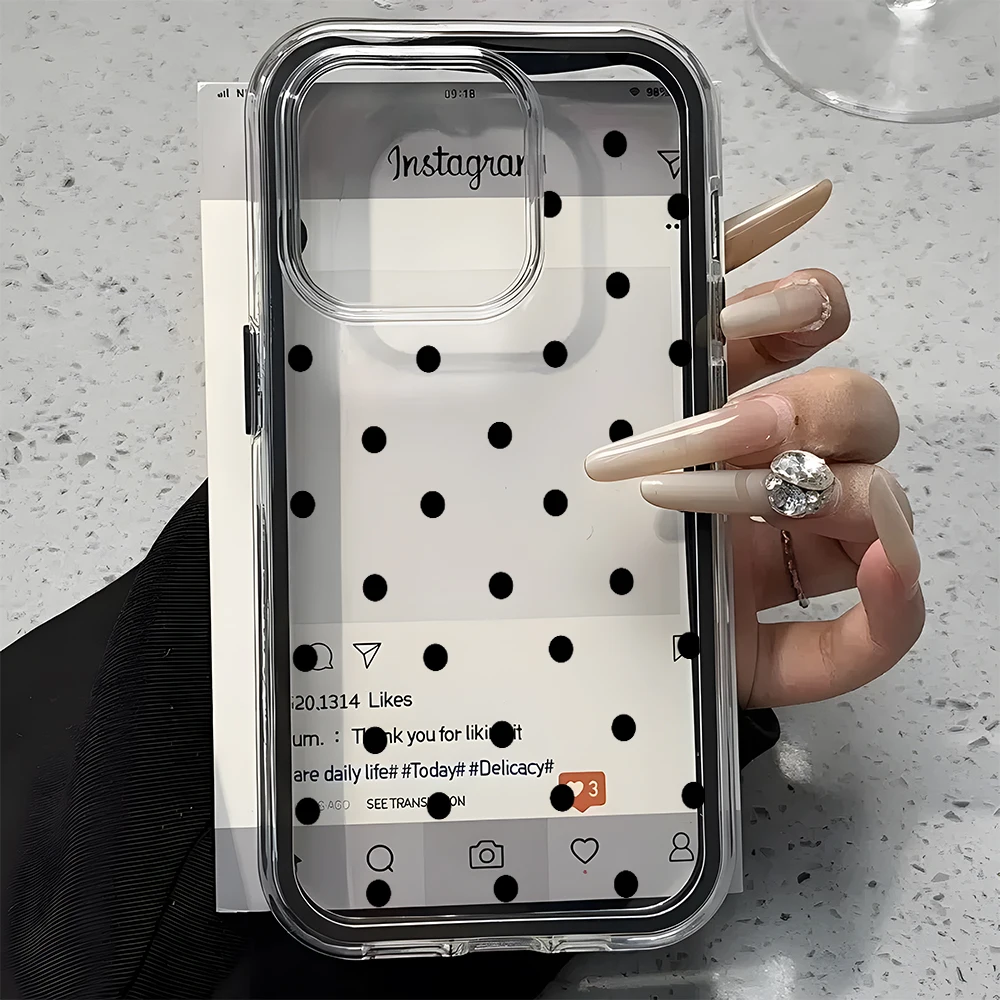 Black Polka Dot Pattern 2IN1 Clear Phone Case For Samsung Galaxy S26 Ultra S25 S22 S23 FE S24 Plus A37 A55 A54 A35 A57 A16 Cover
