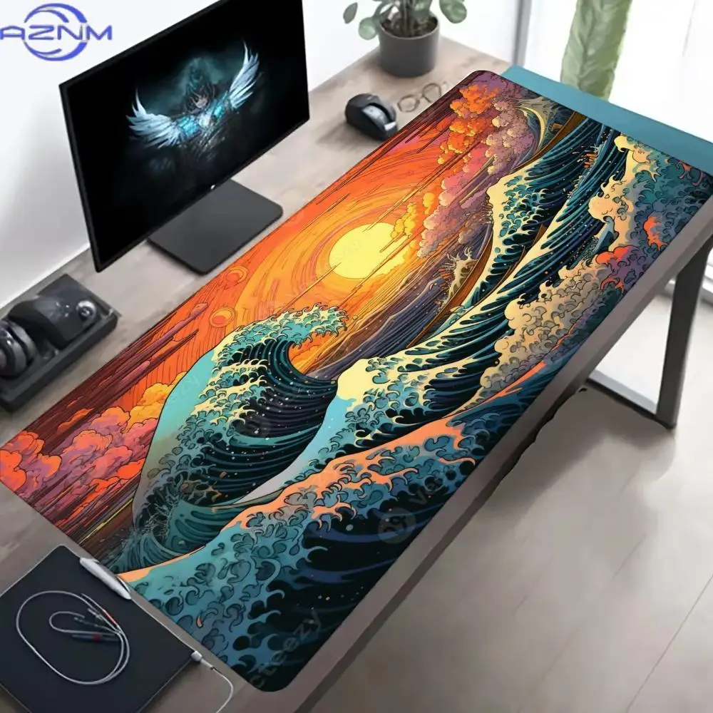 Large Gaming Mouse Pad Desk Mat Keyboard Pad Sunset Great Wave Vintage Japanese Ukiyo-e Ocean Art Print PC Laptop Oriental Decor
