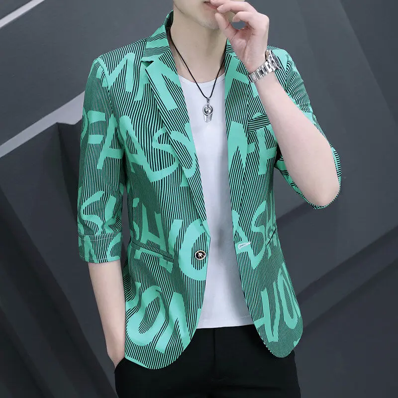 

Мужской летний тонкий пиджак Slim Fit с полосатым узором, модный повседневный костюмный пиджак из полиэстера, с воротником-стойкой, однобортный