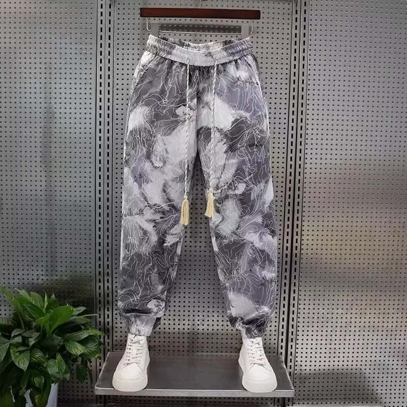 

Streetwear Casual Pants Men's Summer New Ink Painting Tie-dye Design Sense 9 Nine-point Pants Men Baggy Haren Pants Men Clothing