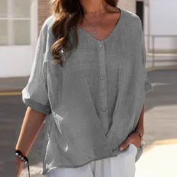 Women's Summer Cotton And Linen Shirts V Neck Button Short Sleeve Oversized Loose Fit Casual Blouse Solid Color Comfort Tops