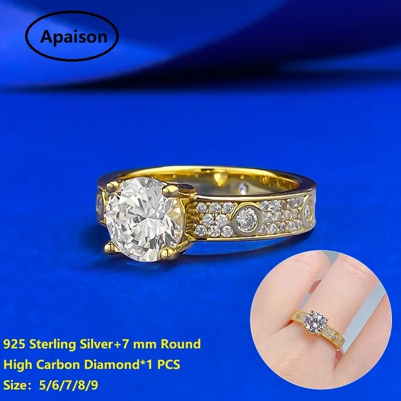 

Apaison Gold Plated Classic Rings For Women 7 mm Round High Carbon Diamond Ring Ladies Engagement Wedding Party Jewelry Gift