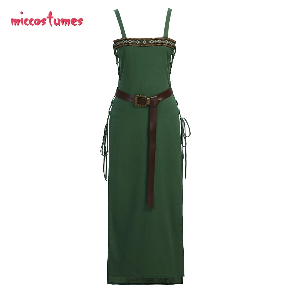 

Miccostumes Women's Green Medieval Dress Viking Apron Medieval Strappy Over Dress with Belt
