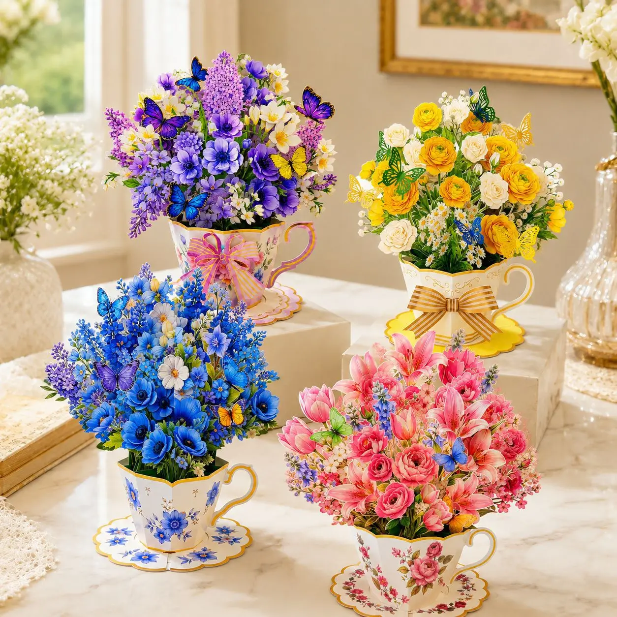3D Pop Up Teacup Flower Greeting Card with Envelope & Note Card, Premium Floral Bouquet Tabletop Decor for Any Occasion Gifts