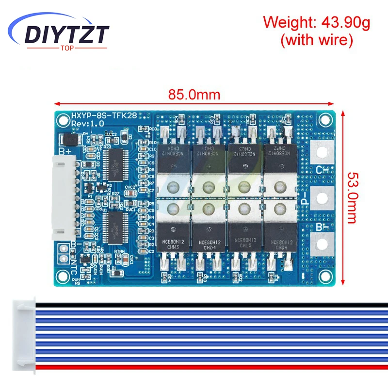 8S 28V 28A BMS Lifepo4 Battery Charging Board Short Circuit Protection PCM Self Recovery With Balance Temperature Protection