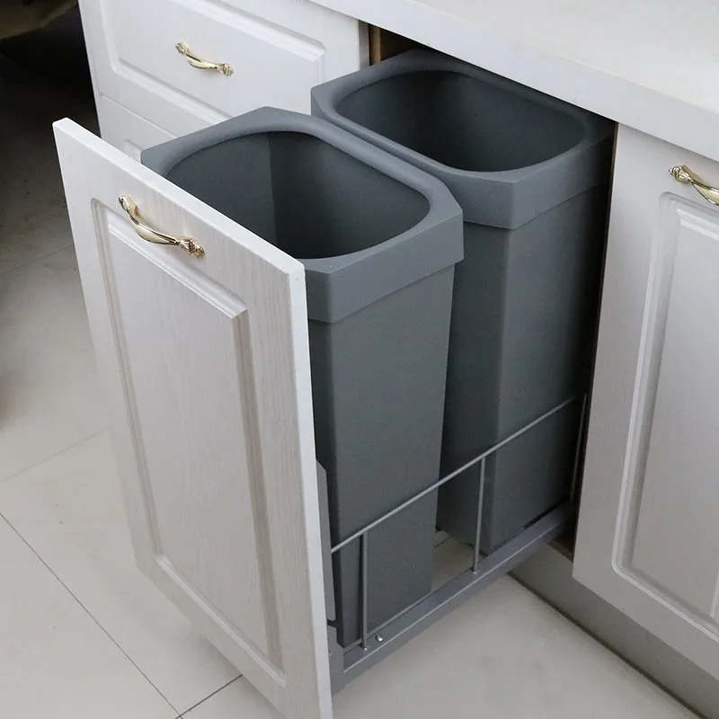 

Under Cabinet Pull Out Trash Can, Soft Close Hidden Garbage Bin, Drawer Kitchen Waste Sorter with 2 Section Baffle, Space Saving