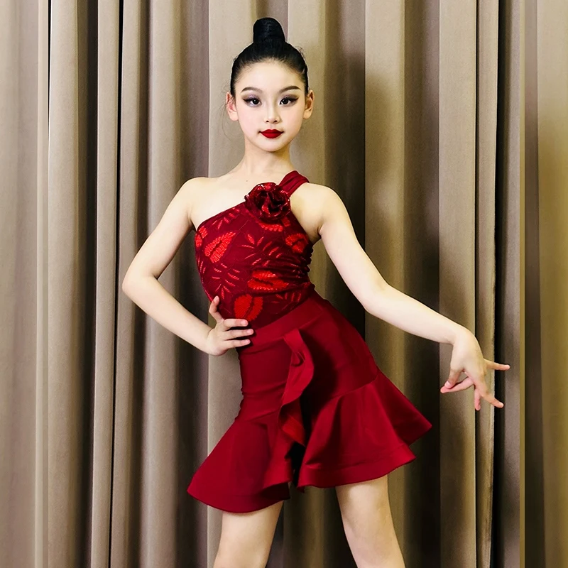 Girls Latin Dance Dress Slanted Shoulder Sleeveless Top Skirt Suit Chacha Rumba Practice Clothes Performance Costume DQL9934