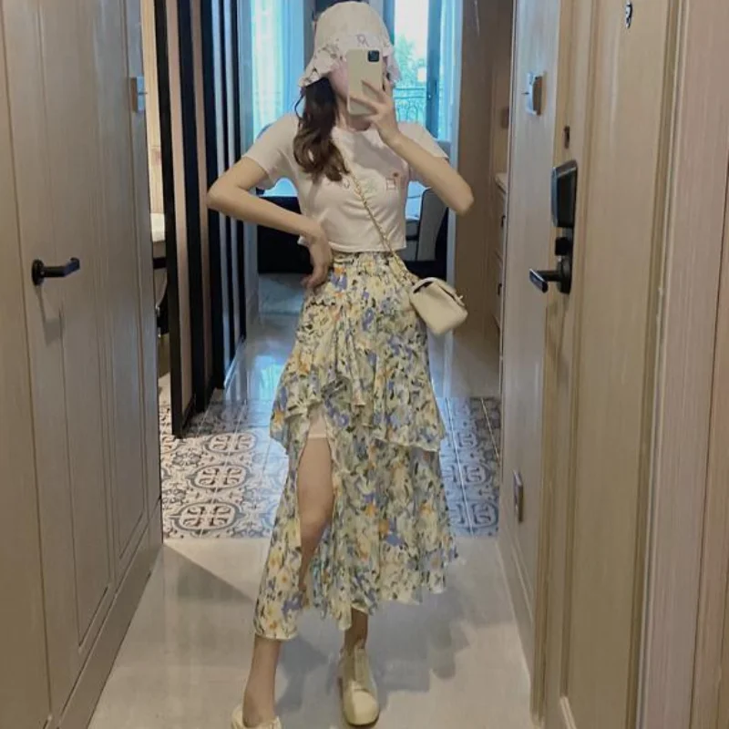 Ruffle Womens Skirt Pleat Floral Maxi Long Plaid with Slit Skirts for Women Chiffon Pleated Clothing Summer 2025 Vintage Cheap V