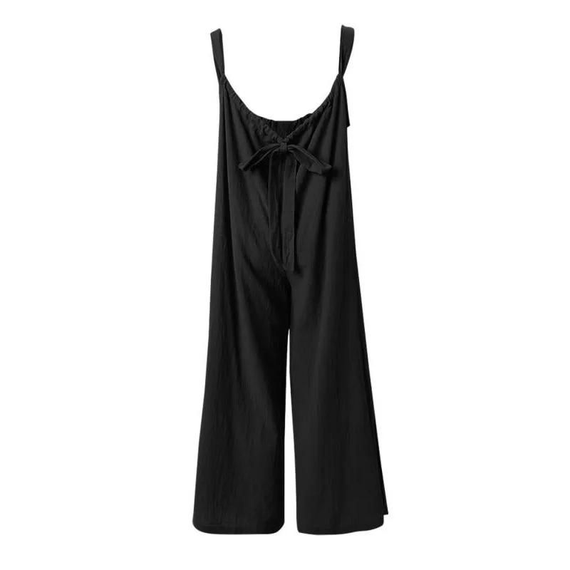 Plus Size 1XL-5XL Women Casual Solid color Sleeveless Drawstring Wide Leg Suspender High Waist Pocket Design Jumpsuit Romper image 5