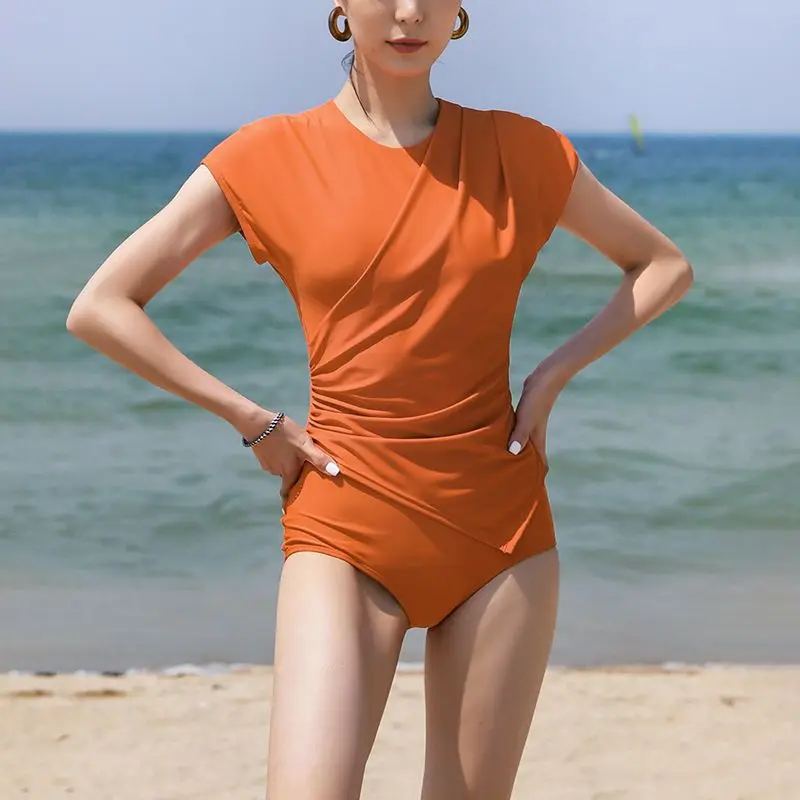 Women One Piece Swimwear Solid Sexy Belly Hidden Swimming Suit Hollow Out Back Wrinkle Vintage Monokini Maillot De Bain Femme