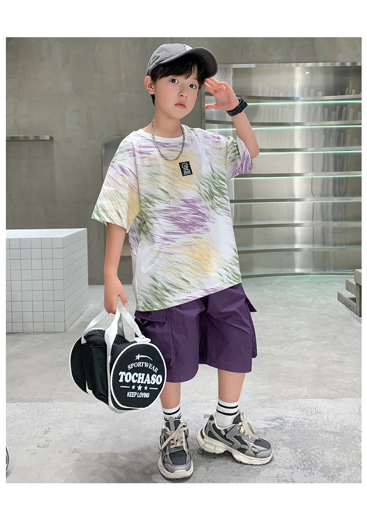 2-teiliges Set für Jungen im Alter von 5-14 Jahren, Teenager-Kinderbekleidung, neuer Sommeranzug für Kinder, Kurzarm-T-Shirt + Shorts, lässiges Street-Outfit. – Detail 4